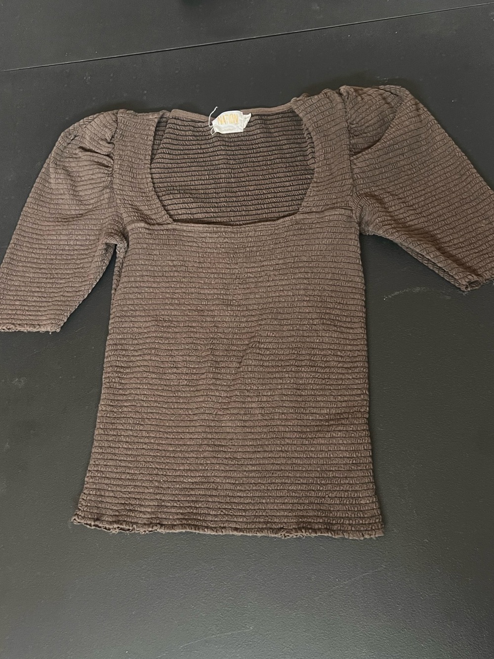 Nation LTD Brown Ribbed Square Neck Puff Sleeve Top